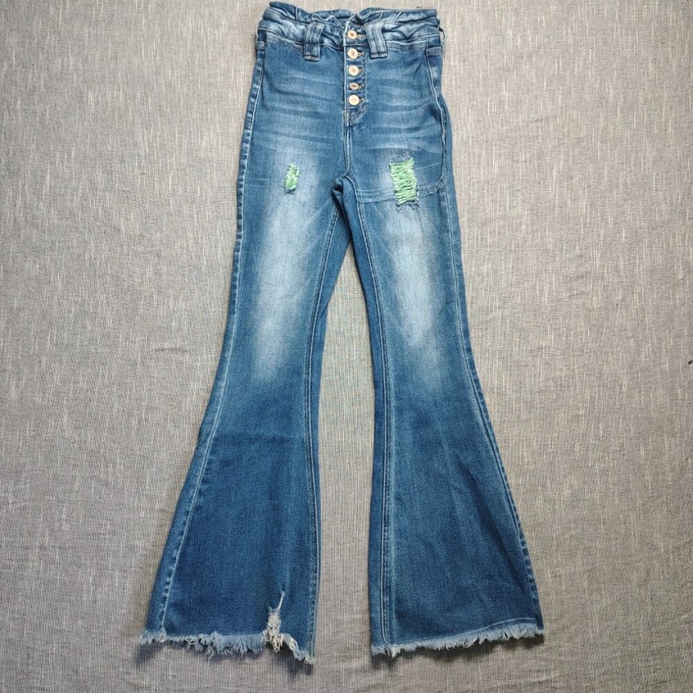 KanCan Maurices Jeans Girls Size 23x29 Flare High Rise Button Fly Ripped Stretch